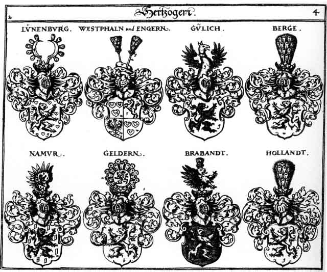Coats of arms of Berg HF, Braband HF, Engern HF, Gülich, Holland HF, Luneburg HF, Namur