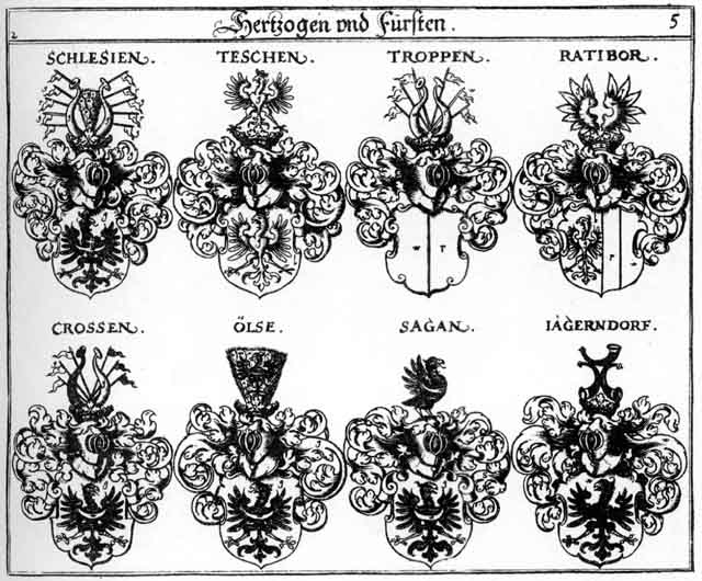 Coats of arms of Crossen, Jaegerndorff HF, Olse HF, Ratibor FH, Sagan HF, Schlesien HF, Teschen HF, Troppen HF