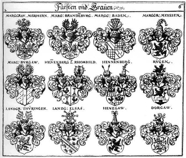 Coats of arms of Baden HF, Brandenburg HF, Burgau, Dorgau, Elsas, Henegaw, Henneberg HF, Maehren, Mehren, Meissen, Meyssen, Rügen FH, Thüringen
