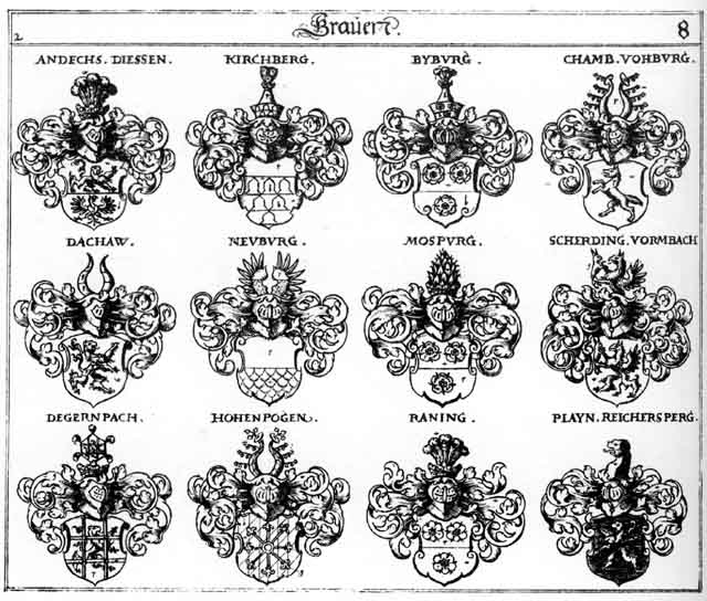 Coats of arms of Andechs, Byburg, Chamb, Dachaw, Degernbach, Diessen, Hohenbogen, Kirchberg, Neuburg, Neuenburg, Newburg, Playn, Raning, Reichersperg, Scherding, Vohburg, Vormbach