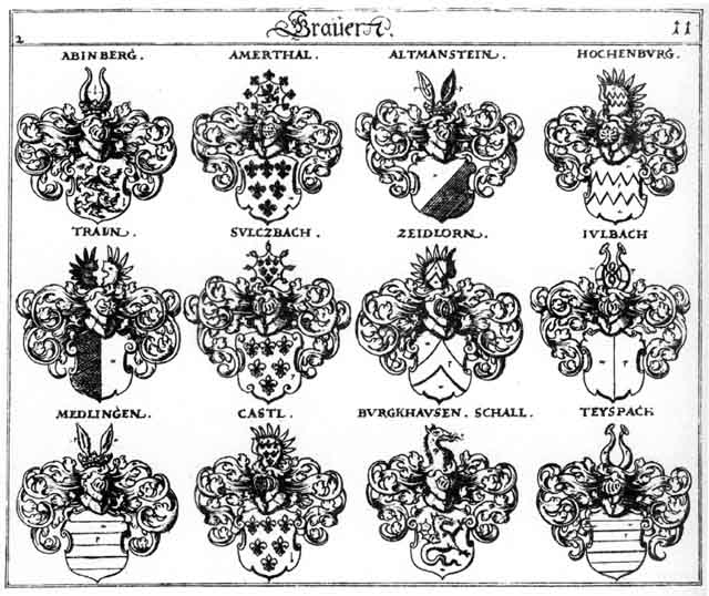 Coats of arms of Abinberg, Altmanstein, Amerthal, Burckhausen, Burghausen, Castel, Castl, Hochenburg, Julbach, Medlingen, Schall, Sultzbach, Teyspach, Train, Zeidlorn