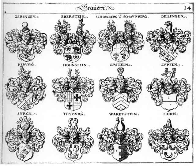 Coats of arms of Dillingen, Eberstein, Epstein, Hohnstein, Honstein, Horn, Kiburg, Lupfen, Schaunberg, Schömberg, Surckh, Syrck, Tryburg, Wardtstein, Zeringen