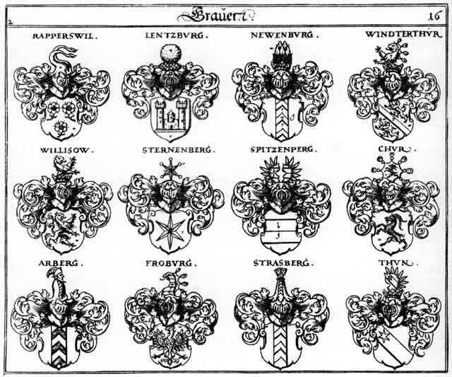 Coats of arms of Arberg, Chur, Froburg, Lentzburg, Newenburg, Rapperschwiel, Spitzenberg, Sternenberg, Strasberg, Thun, Willisow, Windterthür, Winterthür
