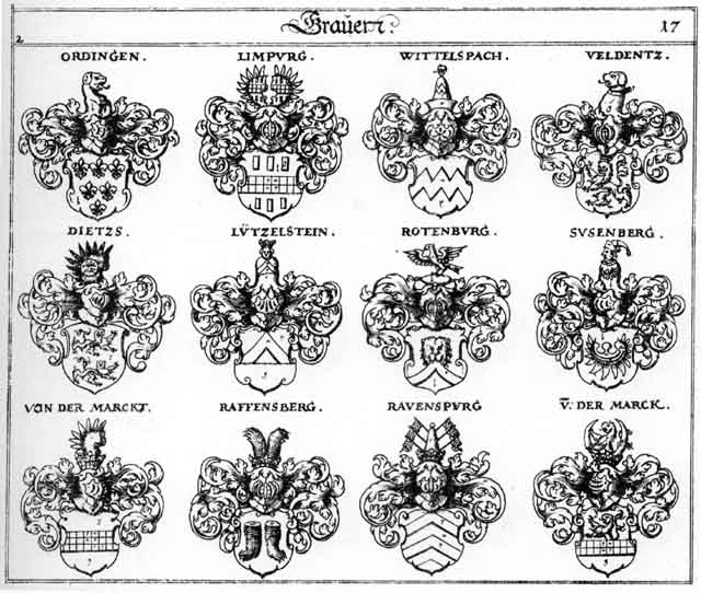 Coats of arms of Dietz, Lützelstein, Marckt, Ordingen, Raffensperg, Ravensperg, Rotenburg, Susenberg, Veldentz, von der Marckt, Wittelspach