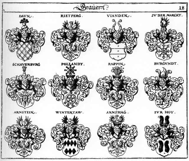 Coats of arms of Arnshag, Arnstein, Bolandt, Burgund GraV, Daun, Hoy, Pollandt, Rietberg, Rietperg, Schauenburg, Schawenburg, Vianden, Wintertaw, zu der Marckt