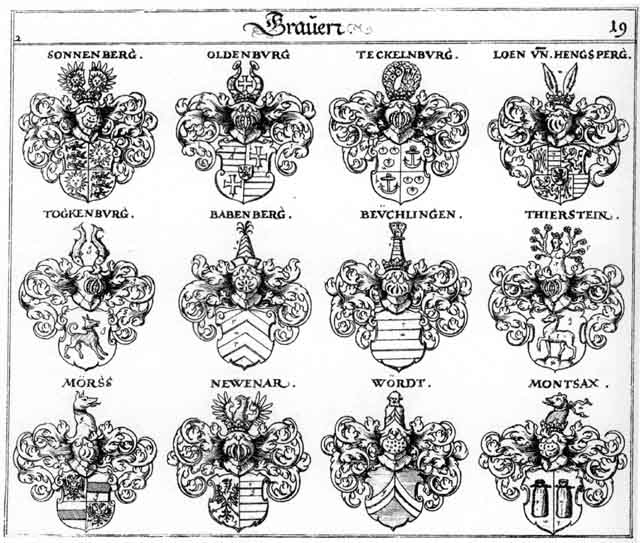 Coats of arms of Babenberg, Beichlingen, Beuchlingen, Hengsperg, Loen, Moers, Montfax, Newenar, Oldenborg, Sonnenberg, Teckelnburg, Thierstein, Tockenburg, Wördt