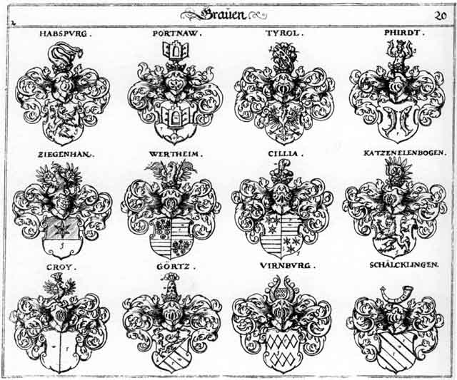 Coats of arms of Cillia, Croy, Goertz, Görtz, Habspurg, Katzenelenbogen, Phirdt, Portnaw, Schaelcklingen, Schälcklingen, Tyrol, Virnburg, Wertheim, Ziegenhan