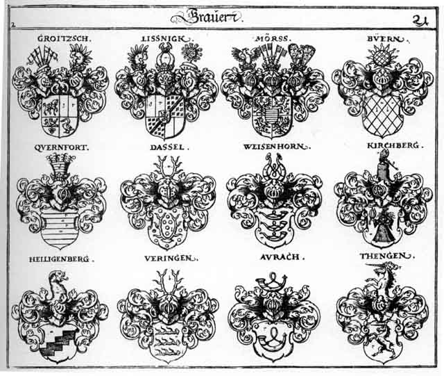 Coats of arms of Aurach, Büern, Dasel, Dassel, Groitsch, Heiligenberg, Kirchberg, Lisnigk, Moers, Querfurt, Veringen, Weisenhorn
