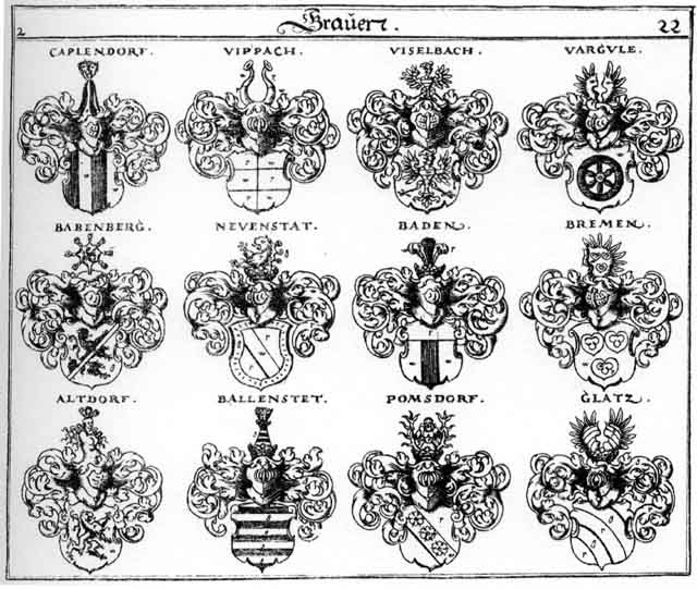 Coats of arms of Altdorff, Babenberg, Baden, Ballenstett, Bomsdorf, Bremen, Caplendorff, Glatz, Neuenstatt, Neustätter, Pomsdorff, Vargule, Vippach, Viselbach