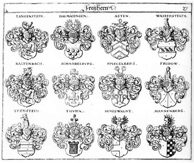 Coats of arms of Asten FH, Dalmasingen, Fridow FH, Kaltenbach FH, Langenstein FH, Mannenberg FH, Schnabelburg FH, Spiegelberg FH, Sumiswald FH, Thurn FH, Wassersteltz FH, Yffenstein FH