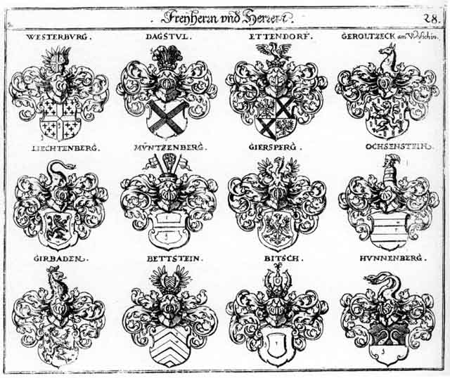 Coats of arms of Bettstein FH, Bitsch FH, Dagstul FH, Ettendorff FH, Geroltzegg FH, Giersberg FH, Girbaden FH, Hunnenberg FH, Liechtenberg FH, Müntzenberg FH, Ochsenstein FH, Westerburg FH