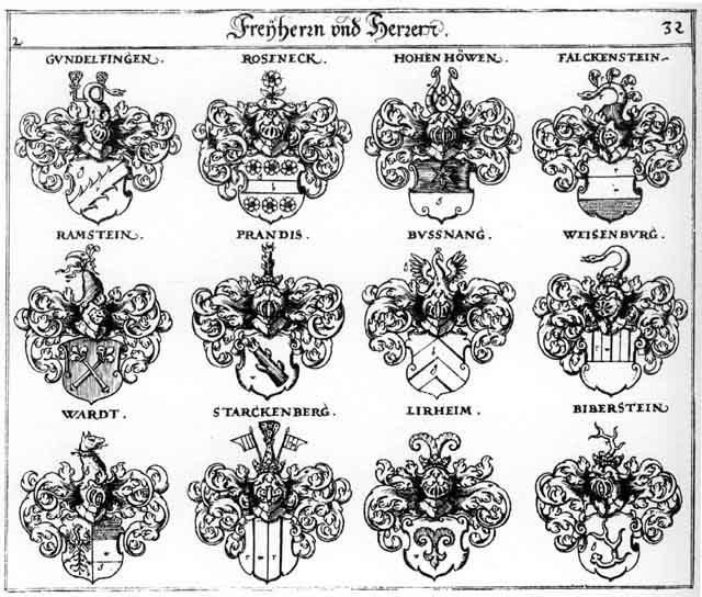Coats of arms of Biberstein FH, Bussnang FH, Falckenstein FH, Gundelfingen FH, Hohenhöwen FH, Lirheim FH, Prandis FH, Ramstein FH, Roseneck FH, Starckenberg FH, Ward FH, Weisenburg FH, Weysenburg FH