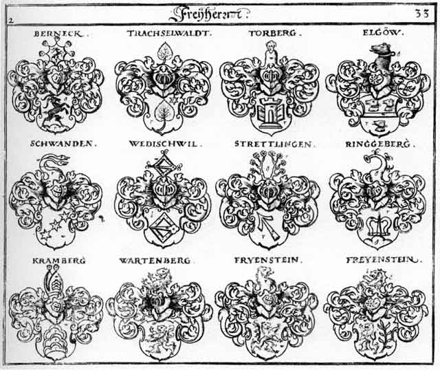 Coats of arms of Elgöw, Ellgöw, Eloköw, Freyenstein FH, Frienstein FH, Fryenstein FH, Krämberg FH, Rinckenberg FH, Ringgeberg FH, Schwanden FH, Strettlingen FH, Torberg FH, Trachselwaldt FH, Wartenberg FH, Wedischweil FH