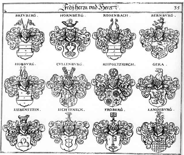 Coats of arms of Berenburg FH, Bernburg FH, Berneck FH, Breuberg FH, Froberg FH, Gera FH, Horburg FH, Hornberg FH, Landsburg FH, Landspurg FH, Lichteneck FH, Liebenstein FH, Liechtneck FH, Pernegg FH, Reipoltzkirch FH, Rodenbach FH, Rotenbach FH