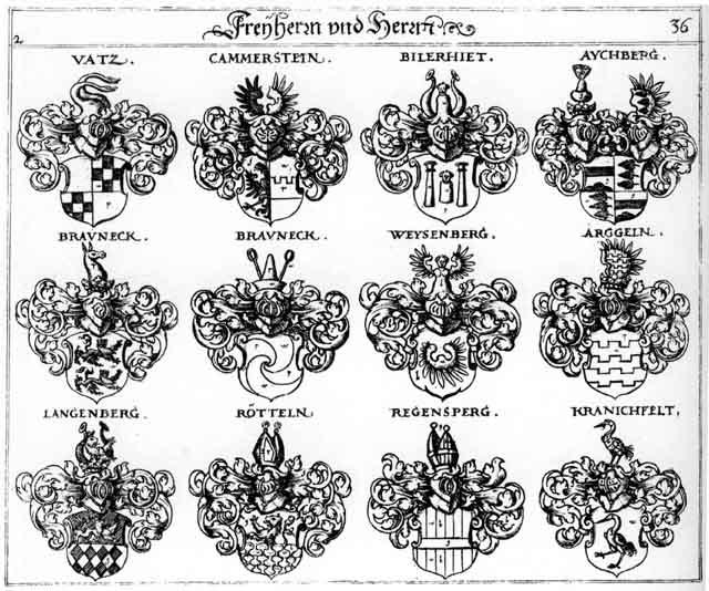 Coats of arms of Argelln FH, Aychberg FH, Bilerhiet FH, Brauneck FH, Cammerstein FH, Eychberg FH, Kranichfeld FH, Langenberg FH, Regensperg FH, Rötteln FH, Vatz FH, Weissenberger FH, Weysenberg FH