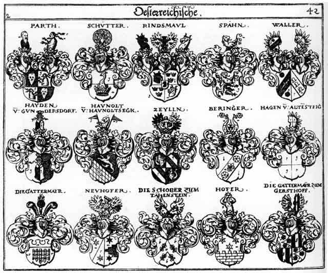 Coats of arms of Bart, Beringer, Gattermayr, Hagen, Haggen, Hagn, Haiden, Haunoldt, Haunoldten, Hayd, Hayden, Haydtn, Heyden, Hofer, Hoffer, Parth, Rindsmaul, Schober, Schütter, Spähn, Waler, Wäller, Zeill, Zeylln