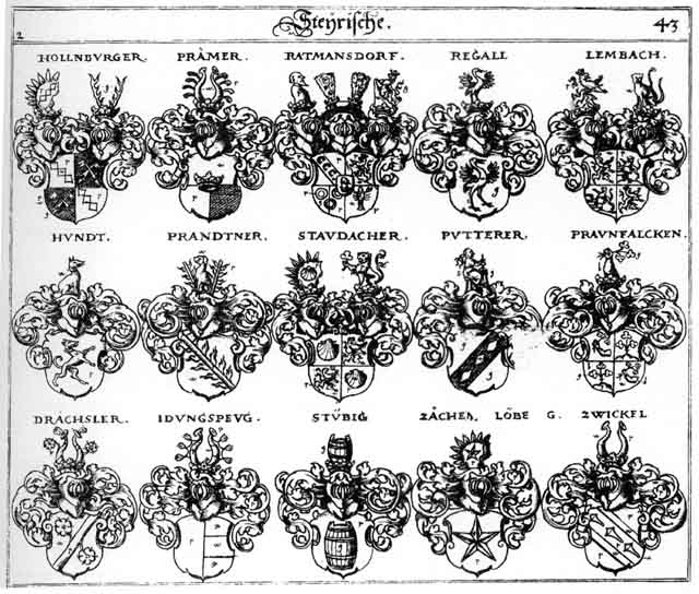 Coats of arms of Bramer, Drachsler, Hollnburger, Hund, Hundt, Idungspeug, Idungspeugen, Lembach, Praemer, Prämer, Prandner, Praunfalcken, Putterer, Ratmansdorff, Regall, Stübig, Zäch, Zächen, Zechn, Zwickel