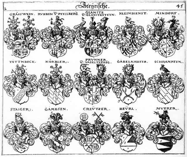 Coats of arms of Beurl, Brunner, Creutzer, Gabelkhofer, Gablhoffer, Gambsen, Glaniz, Gräswein, Kleindienst, Koerbler, Körbler, Mindorff, Muerer, Prunner, Rubben, Schrampfen, Staiger, Tättnbeck