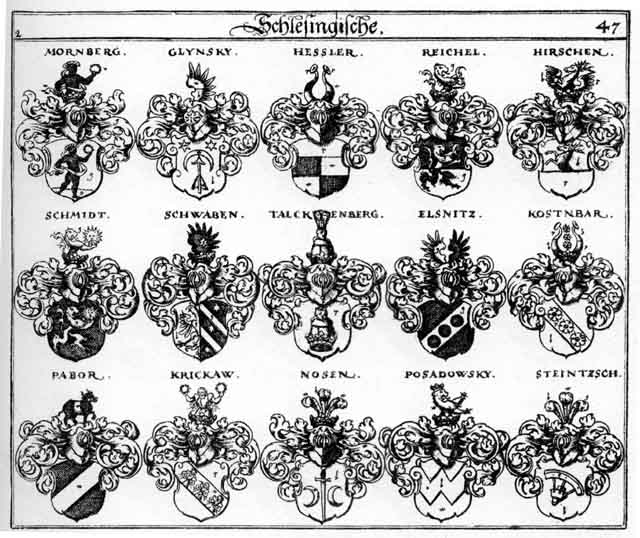 Coats of arms of Elsnitz, Glynsky, Hessler, Hirsch, Hirschen, Kostnbar, Krickow, Mornberg, Nosen, Pabor, Posadowsky, Reichel, Schmidt, Schmidten, Schmit, Schwab, Schwaben, Schwaven, Steintsch, Talckenberg