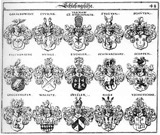 Coats of arms of Eychler, Falckenberg, Geggenhofer, Geisler, Geraldowsky, Kueschmalz, Roge, Runge, Rungen, Schützen, Schwabsdorff, Scoppen, Stoltzen, Sturm, Sturmb, Tarnaw, Tschetschke, Walditz