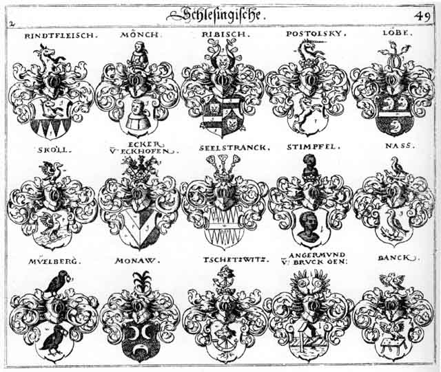 Coats of arms of Angermundt, Banck, Bruck, Brucken, Ecker, Eckhoff, Egger, Egkher, Löbe, Löben, Loebe, Loeben, Moench, Moenchen, Monaw, Müelberg, Mülberg, Nass, Postolsky, Ribisch, Rindfleisch, Seelstranck, Sköll, Stimpfel, Tschetzwitz