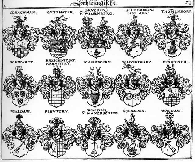 Coats of arms of Bruck, Brucken, Gutthäter, Karnitzky, Kroschnitzky, Manowsky, Pfortner, Pirutzky, Schachmann, Schnorbein, Schwartz, Schwartzen, Schyrowsky, Sclamma, Thommendorff, Waldaw, Walden, Waldt