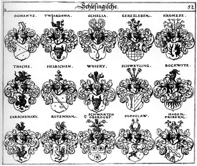 Coats of arms of Bockwitz, Carschensky, Domantz, Drachen, Geresleben, Hagen, Haggen, Hagn, Helbichen, Kromese, Poppelaw, Pribern, Rotenhan, Schelia, Schellia, Schwartz, Schwartzen, Schwetling, Trache, Twardawa, Woisky