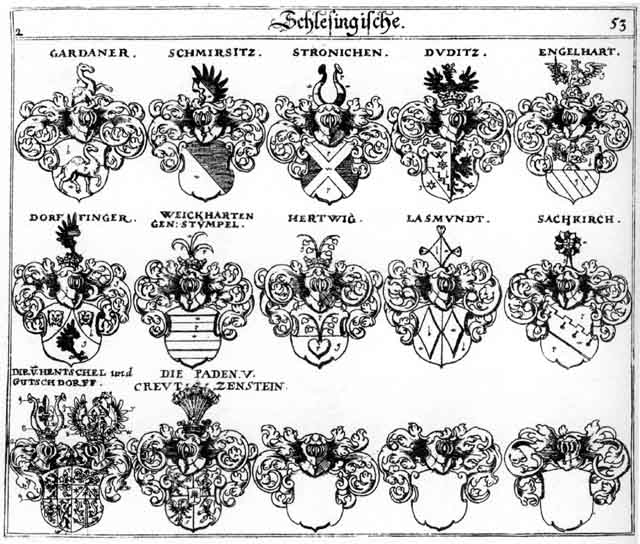 Coats of arms of Dorffinger, Duditz, Engelhardt, Gardaner, Gutschdorff, Hertwig, Lasmundt, Paden, Sachkirch, Schmirsitz, Strönichen, Stümpel, Weickardt, Weickhardten