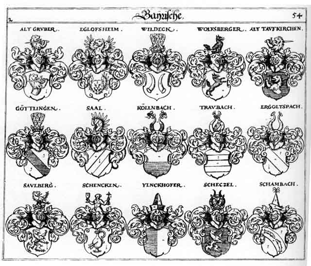 Coats of arms of Altgruber, Egloffsheim, Ergoltspach, Goettlingen, Göttlingen, Gruber, Grueber, Koelnbach, Kolnbach, Saal, Saulberg, Schambach, Scheczel, Schetzel, Tauffkirchen, Traubach, Wildeck, Wolfsberger, Ylnckhofer
