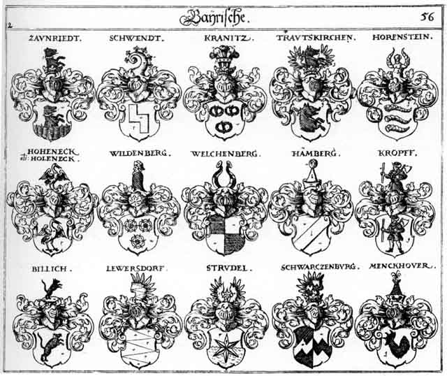 Coats of arms of Billich, Haemberg, Hämberg, Hoheneck, Holeneck, Holneck, Kranitz, Kropf, Kropfen, Lebersdorf, Lewersdorff, Menchover, Schwartzburg, Schwartzenburg, Schwendt, Strudel, Trautskirchen, Welchenberg, Wildenberg, Zaunriedt