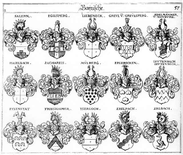 Coats of arms of Adelmanner, Edelmänner, Egilsperg, Erelbach, Erelpach, Erlbach, Erlbecken, Erlpach, Eysenstatt, Frieshaimer, Greul, Haselbach, Leuchtenbach, Leutenbeck, Liebeneck, Muelberg, Mülberg, Nuyburg, Saler, Salern, Yserloch, Zachareis
