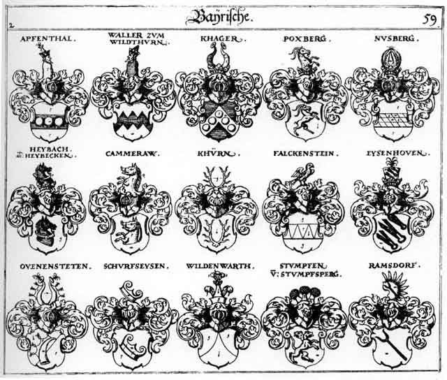 Coats of arms of Apfendhal, Cammeraw, Eysenhoven, Falckenstein, Heubach, Heybach, Heybecken, Khager, Khürn, Kyrn, Nusberg, Ovenenstetten, Ramsdorf, Schurfseysen, Stumpfen, Waler, Wäller, Wildenwarth