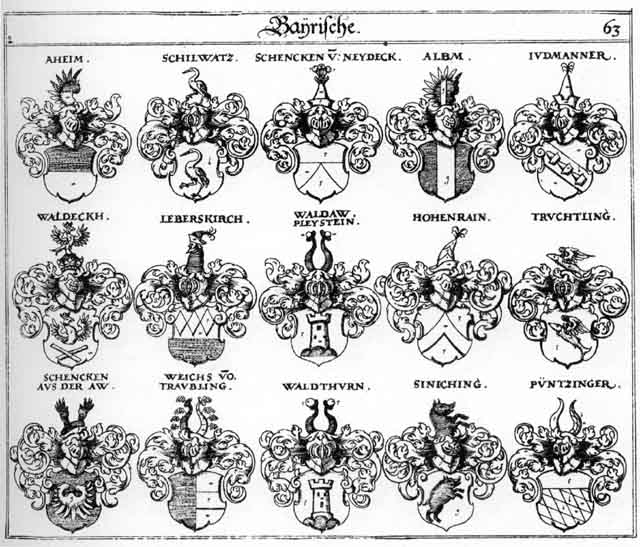 Coats of arms of Aheim, Albm, Hohenrain, Judmänner, Leberskirch, Pleystein, Püntzinger, Schilwatz, Siniching, Truchtling, vonder Weichs, Waldaw, Waldeckh, Waldthurn