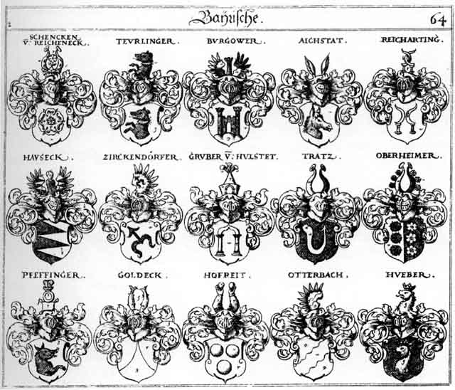 Coats of arms of Aichstatt, Burgower, Goldeck, Gruber, Grueber, Haus, Hauseck, Hausen, Hofreit, Huber, Hueber, Oberheim, Oberheimer, Otterbach, Pfeffinger, Reicharting, Teurlinger, Tratz, Zirckendorffer