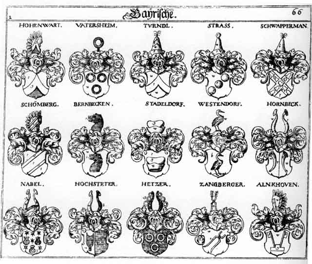 Coats of arms of Alnkhofen, Bernbecken, Hechstotter, Hetzer, Hochstetter, Hohenwart, Hohenwarter, Hornbeck, Nabel, Schömberg, Schwappermann, Stadeldorff, Strass, Turndl, Vattersheim, Westendorff, Westendorffer, Zangberger