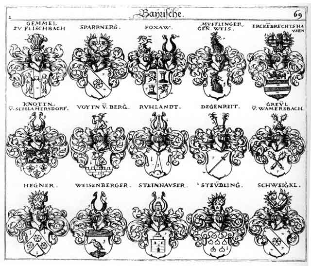 Coats of arms of Degenreit, Erckenbrechtshausen, Gemmel, Greul, Hegner, Knottn, Mufflinger, Poxaw, Ruelandett, Ruhlandt, Rulandt, Schweicket, Schweigkel, Sparmberg, Sparrnerg, Stainhauser, Steibling, Steinhauser, Steubling, Votten, Voyten, Wamersbach, Weis, Weiss, Weissen, Weissenberger, Weysenberg