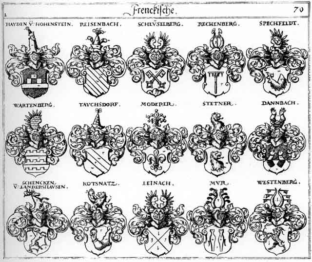 Coats of arms of Dannbach, Haiden, Hayd, Hayden, Haydtn, Heyden, Leinach, Moderer, Mur, Murr, Reisenbach, Reissenbach, Schlüsselberg, Spechfeldt, Stetner, Stettner, Tauchsdorff, Wartenberg, Westenberg