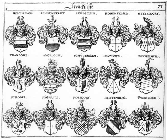 Coats of arms of Angeloch, Deck, Goegferitz, Gögeritz, Hetzeldorf, Hohenfels, Hohenfelser, Lengefelder, Lengenfeld, Raumumb, Reichenaw, Reiffenberg, Reyffenberg, Rosdorff, Rossdorff, Schütensam, Strobel, Strobl, Tecke, Thandorff, Wecheimer