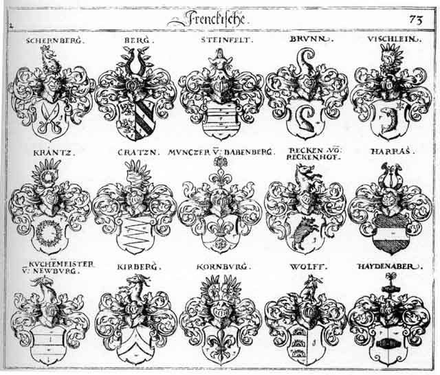 Coats of arms of Berg, Bergen, Bergh, Brunn, Brunnen, Cratzn, Harrach, Haydenab, Kirberg, Kornburg, Krantz, Krantzen, Kratzen, Kuchenmeister, Reck, Recken, Schernberg, Steinfeldt, Vischlein, Wölff, Wölffen