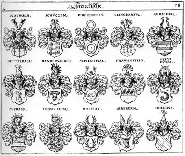 Coats of arms of Auracher, Biberern, Brendt, Clingharten, Dettelbach, Düren, Dürn, Frauenstein, Hoelein, Holein, Leonstein, Mayenhal, Münczer, Müntzer, Pfeil, Pfeyl, Pirckensels, Randersacker, Schüdzen, Schützen, Zu Frass