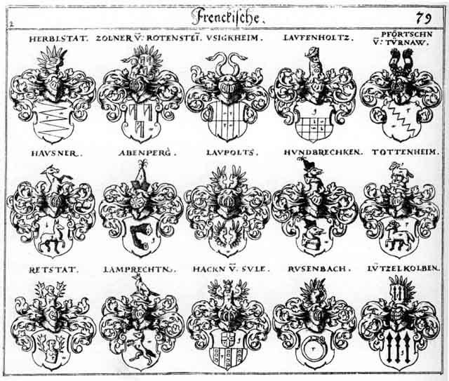 Coats of arms of Abenperg, Abensperg, Hack, Hacken, Hackhen, Hagken, Hausner, Herblstatt, Hundbrecken, Lamprechtn, Lauffenholtz, Laupolts, Lützelkolben, Pförtschen, Retstat, Russenbach, Tottenheim, Usickheim, Zollner, Zolner