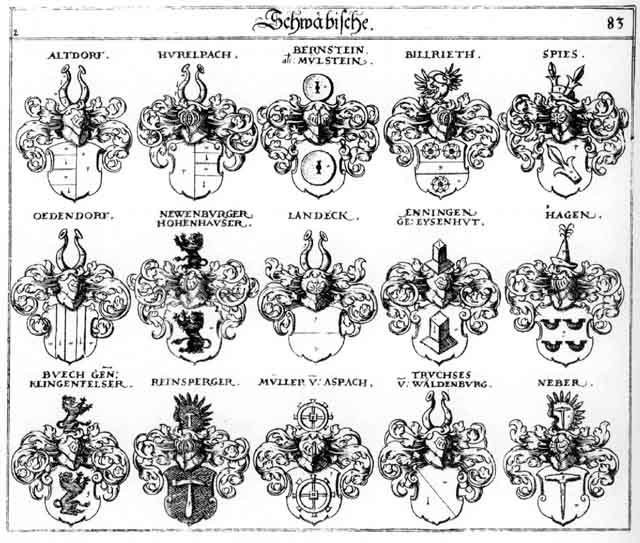 Coats of arms of Altdorff, Altenderff, Altorff, Bernstein, Bielrith, Billrieth, Bilried, Enningen, Greller, Hagen, Haggen, Hagn, Hohenhaufer, Hürelpach, Klingenfels, Klingenfelser, Landeck, Miller, Müblenstein, Müller, Mullner, Mülstein, Myller, Neber, Neuburger, Neuenburg, Newenburger, Oedendorff, Reinsperg, Reinsperger, Spies