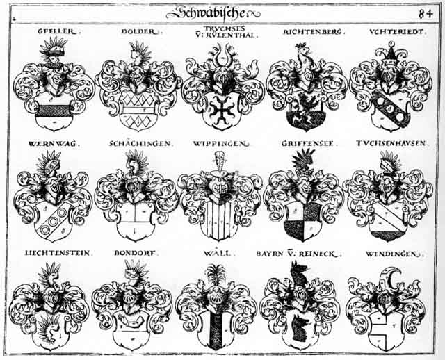 Coats of arms of Bayrn, Bondorff, Dolder, Gfeller, Griffensee, Lichtenstein, Liechtenstein, Pondorffer, Richtenberg, Schächingen, Schaechingen, Tuchsenhausen, Uchteriedt, Wall, Wallen, Wendingen, Wernmag, Wippingen