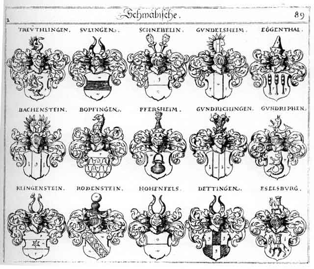 Coats of arms of Bachenstein, Bopfingen, Dettingen, Eggenthal, Eselburg, Gundelsheim, Gundrichingen, Gundriphen, Hohenfels, Hohenfelser, Klingenstein, Pfersheim, Popfingen, Schnebelin, Sulingen, Tettinger, Treuthlingen