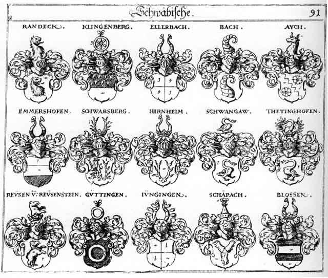 Coats of arms of Aych, Aycher, Bach, Bachen, Blossen, Ellerbach, Emmershofen, Guttingen, Gyttingen, Hirnbaim, Jungingen, Klingenberg, Pach, Randeck, Reus, Reusen, Schaepach, Schåpach, Schwabsberg, Schwangaw, Tettighofen, Theringhofen