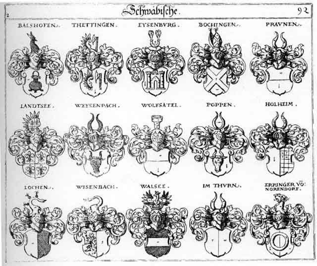 Coats of arms of Balshafen, Bochingen, Braun, Dettingen, Eisenburg, Erringer, Eysenburg, Holheim, Landtsec, Loch, Lochen, Norendorff, Poppen, Praun, Praunen, Tettingen, Thettingen, Thurn, Walsee, Weysenbach, Wiesenbach, Wisenbach, Wolffatel