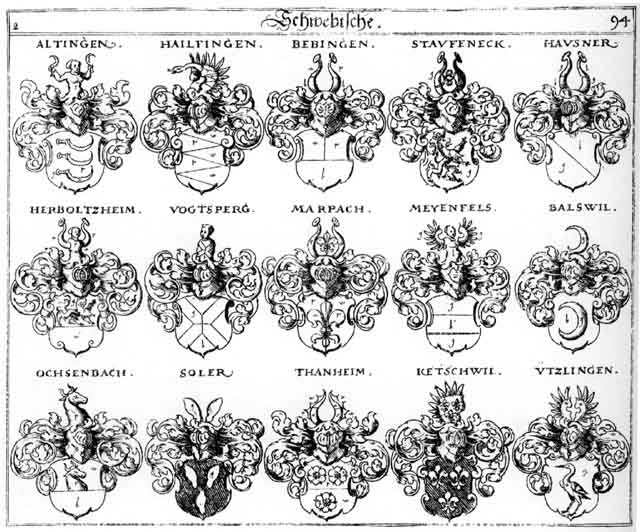 Coats of arms of Attingen, Balswil, Bebingen, Hailfingen, Hausner, Haylfinger, Herbolzheim, Ketfchwil, Marpach, Ochsenbach, Soler, Stauffeneck, Thanheim