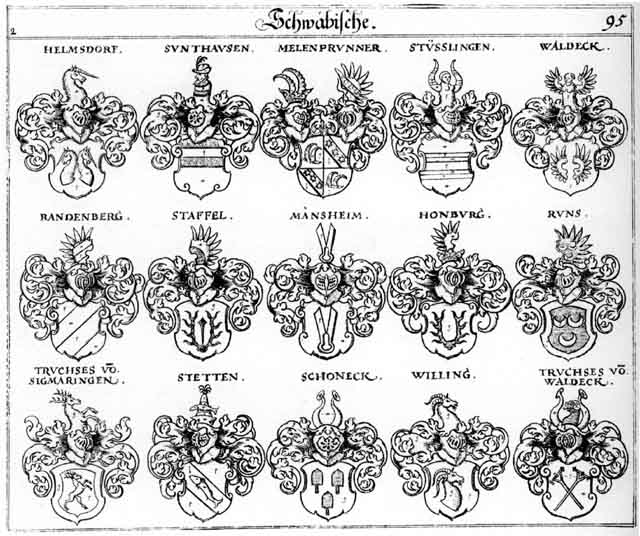 Coats of arms of Helmsdorff, Helmszdorffer, Honburg, Maensheim, Mansheim, Melenbronner, Randenberg, Runs, Sigmaringen, Staffel, Stüsslingen, Sundthausen, Truchsesen, Waldeckh, Willing