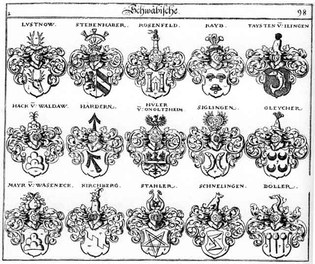 Coats of arms of Boeller, Böller, Fausten, Faysten, Gleicher, Gleycher, Hack, Hacken, Hackhen, Haerdern, Hagken, Harant, Härdern, Hüler, Hüller, Kayb, Lustnow, Mair, Mayer, Mayr, Meier, Onoltzheim, Poller, Rosenfeld, Schnelingen, Siglingen, Stahler, Stebenhaber, Waseneck