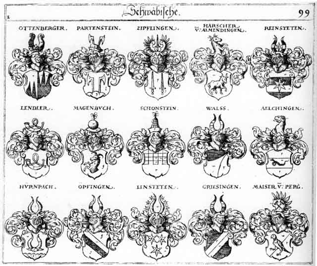 Coats of arms of Aelchlingen, Griesingen, Harscher, Hürnpach, Hyrnpach, Lendler, Magenbuch, Maiser, Opffingen, Ottenberg, Ottenberger, Partenstein, Reinstetten, Schönstein, Zipflingen